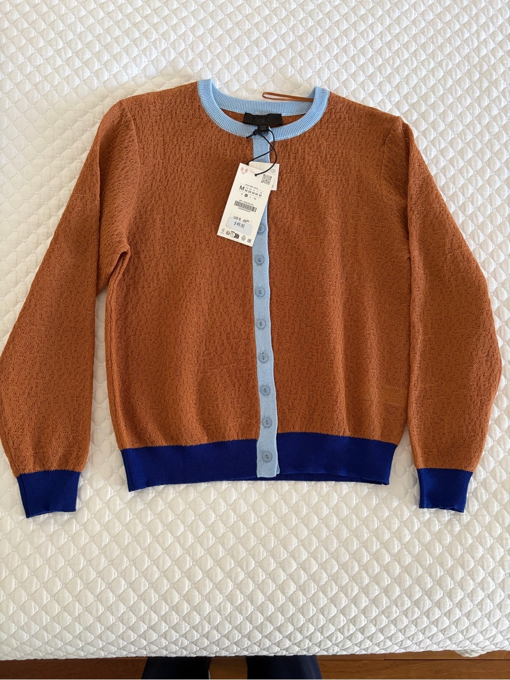 NWT Zara Rust Contrast-Trim Button Cardigan Sweater - Blue Trim